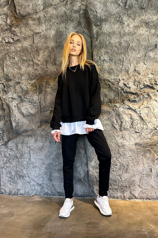 Trend Alaçatı Stili Trend Alaçatı Stili Women's Black Crew-neck Skirt Shirt Detailed 3-Threads Wrapped Tracksuit Set