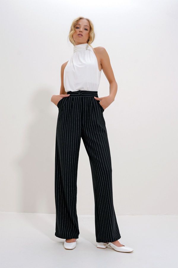 Trend Alaçatı Stili Trend Alaçatı Stili Women's Black Double Pocket Striped Palazzo Pants