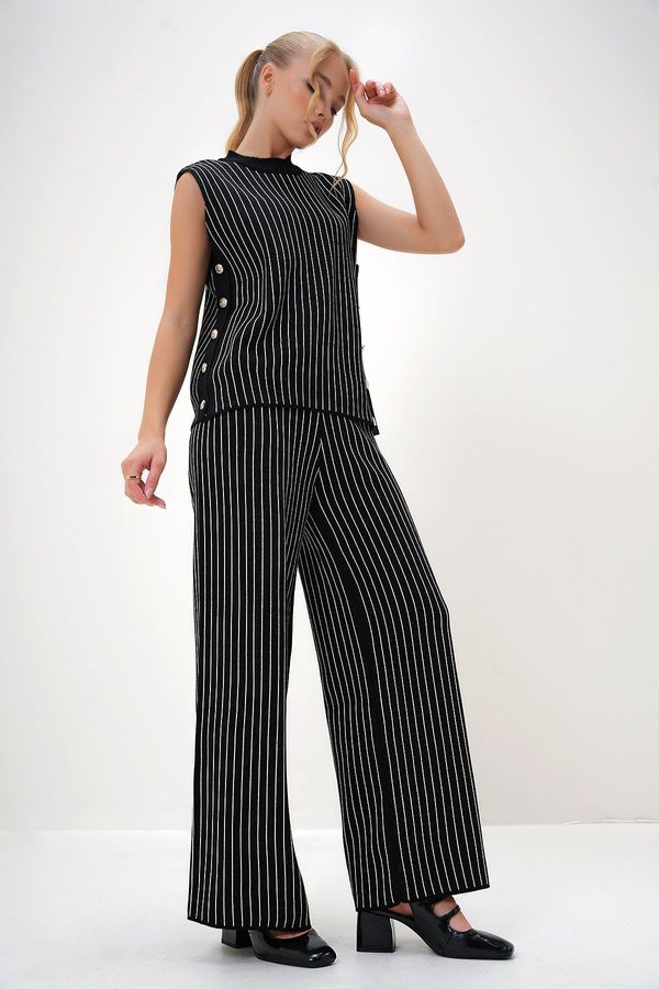 Trend Alaçatı Stili Trend Alaçatı Stili Women's Black Half Turtleneck Side Buttoned Blouse and Palazzo Pants Set