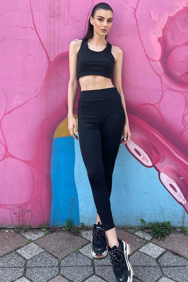 Trend Alaçatı Stili Trend Alaçatı Stili Women's Black Halter Crop And Long Leggings Lycra Athletic Suit