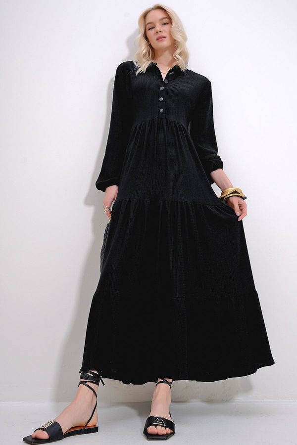 Trend Alaçatı Stili Trend Alaçatı Stili Women's Black High Collar Buttoned Front Layered Flounced Crinkle Dress