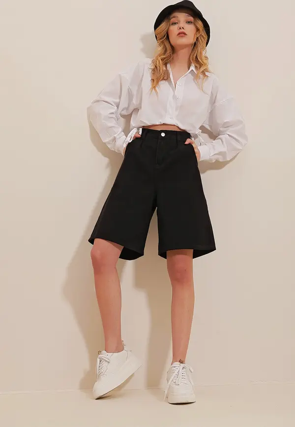 Trend Alaçatı Stili Trend Alaçatı Stili Women's Black High Waist Wide Leg Bermuda Denim Shorts