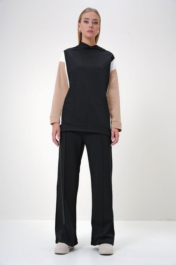 Trend Alaçatı Stili Trend Alaçatı Stili Women's Black Hooded Color Block Two Yarn Top-Bottom Set
