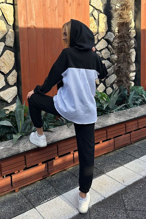 Trend Alaçatı Stili Trend Alaçatı Stili Women's Black Hooded Shirt With Garnish 3 Thread Inner Raising Sweatshirt