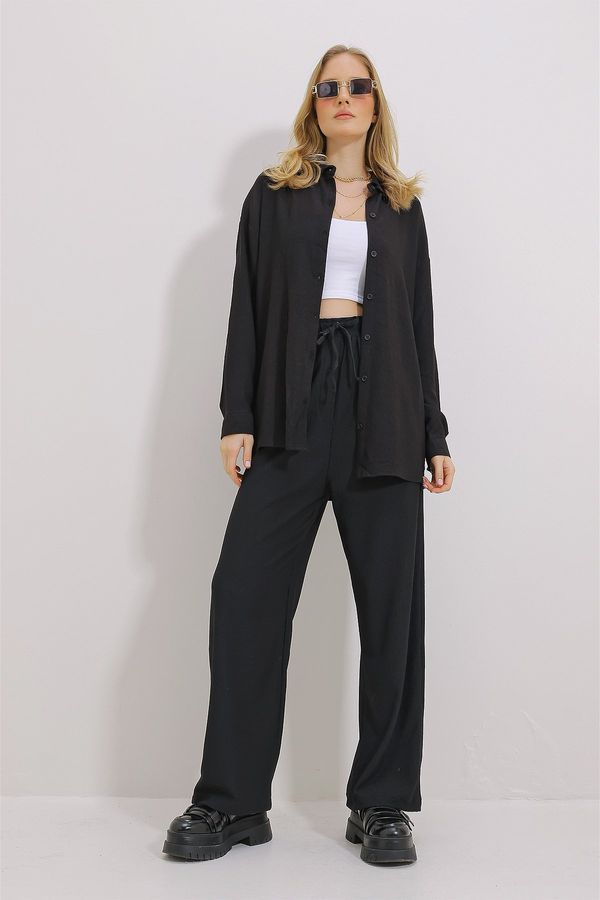 Trend Alaçatı Stili Trend Alaçatı Stili Women's Black Oversized Shirt And Comfortable Cut Crinkle Pants Set