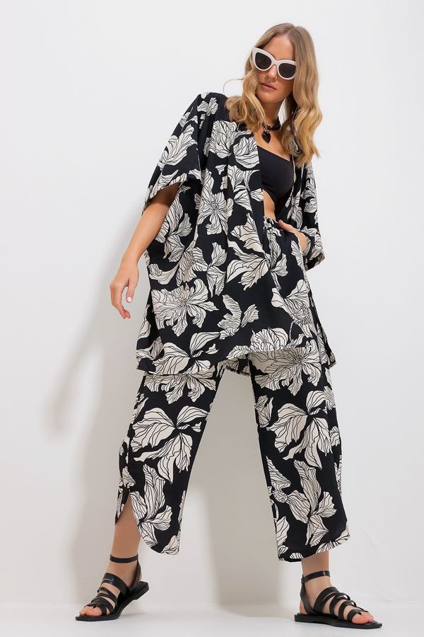 Trend Alaçatı Stili Trend Alaçatı Stili Women's Black Palazzo Pants And Patterned Woven Viscose Kimono Suit