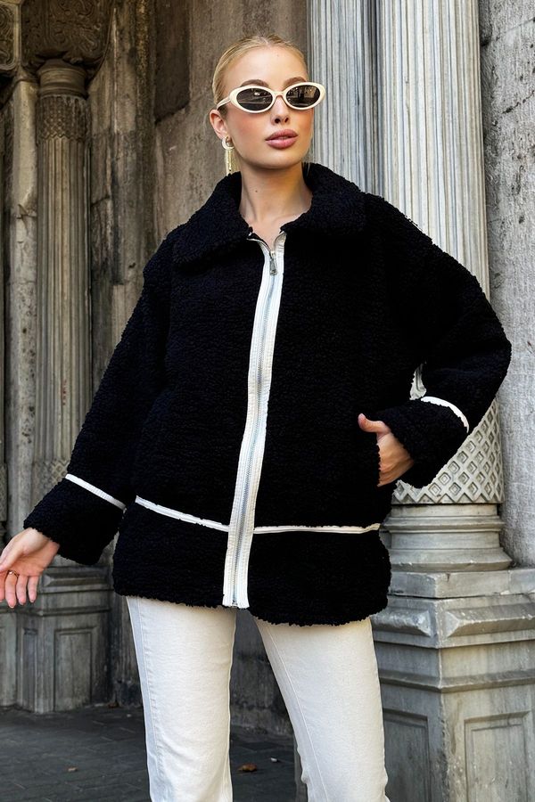 Trend Alaçatı Stili Trend Alaçatı Stili Women's Black Polo Collar Stripe Detailed Double Pocket Plush Jacket