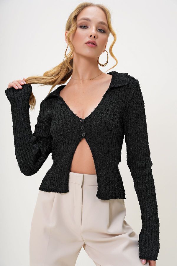 Trend Alaçatı Stili Trend Alaçatı Stili Women's Black Polo Neck 3-Button Open Front Knitwear Blouse