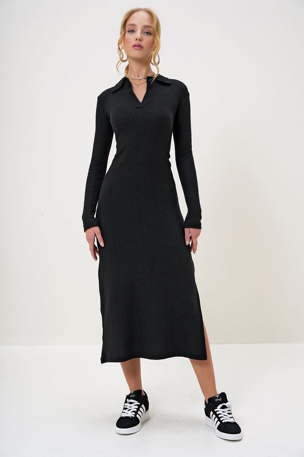 Trend Alaçatı Stili Trend Alaçatı Stili Women's Black Polo Neck Half Placket Side Slit Interlock Fabric Dress