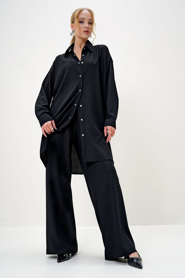 Trend Alaçatı Stili Trend Alaçatı Stili Women's Black Shirt Collar Button Front Crepe Shirt and Trouser Set