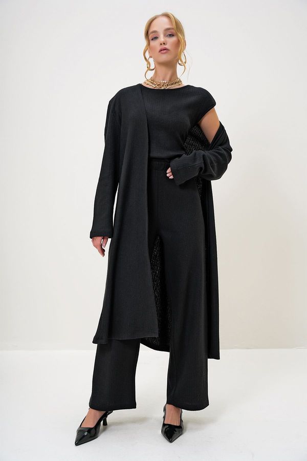 Trend Alaçatı Stili Trend Alaçatı Stili Women's Black Shoulder Padded Bike Neck Blouse Trousers and Cardigan Set Suit