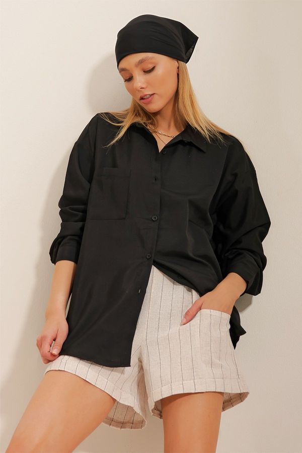 Trend Alaçatı Stili Trend Alaçatı Stili Women's Black Single Pocket Poplin Woven Shirt