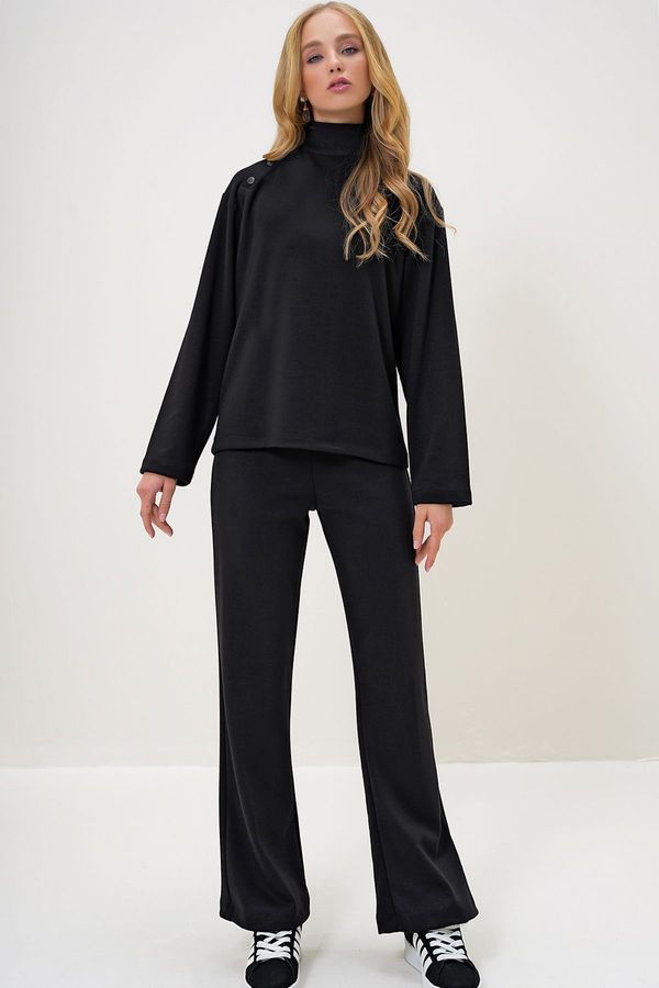 Trend Alaçatı Stili Trend Alaçatı Stili Women's Black Stand Collar Snap Blouse and Trouser Set