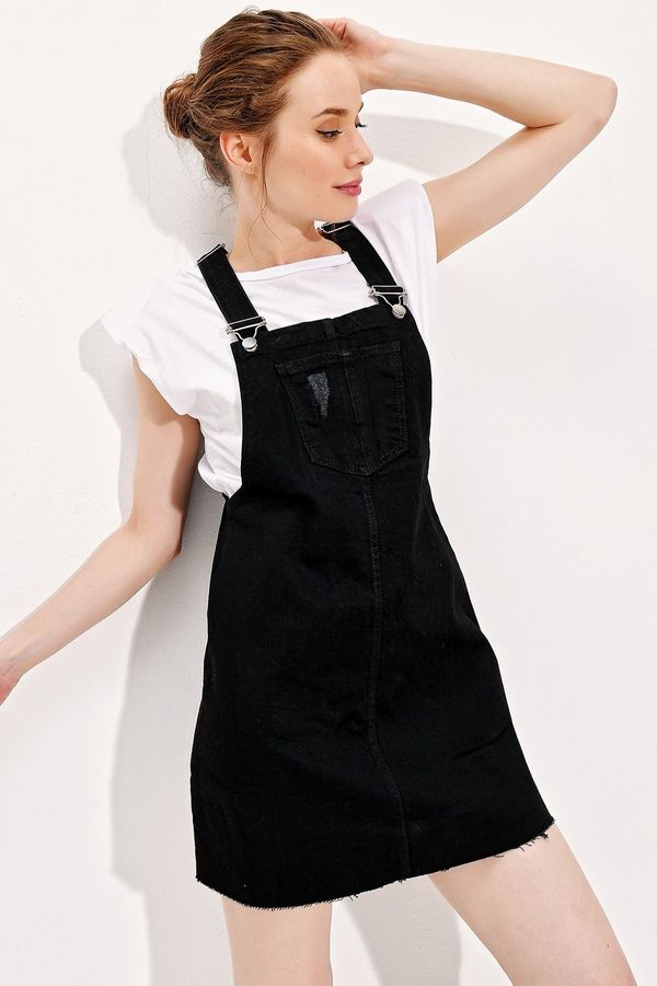 Trend Alaçatı Stili Trend Alaçatı Stili Women's Black Strap Pocket Jean Salopet