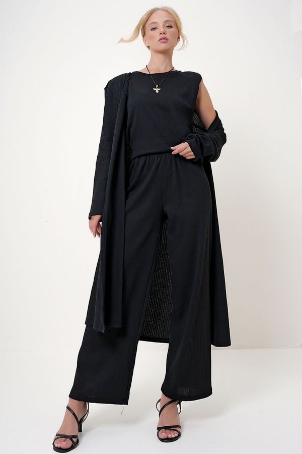 Trend Alaçatı Stili Trend Alaçatı Stili Women's Black-Striped Shoulder Padded Bike Neck Blouse Trousers and Cardigan Set Suit