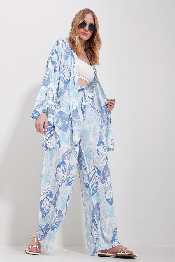 Trend Alaçatı Stili Trend Alaçatı Stili Women's Blue Kimono Jacket And Palazzo Pants Suit