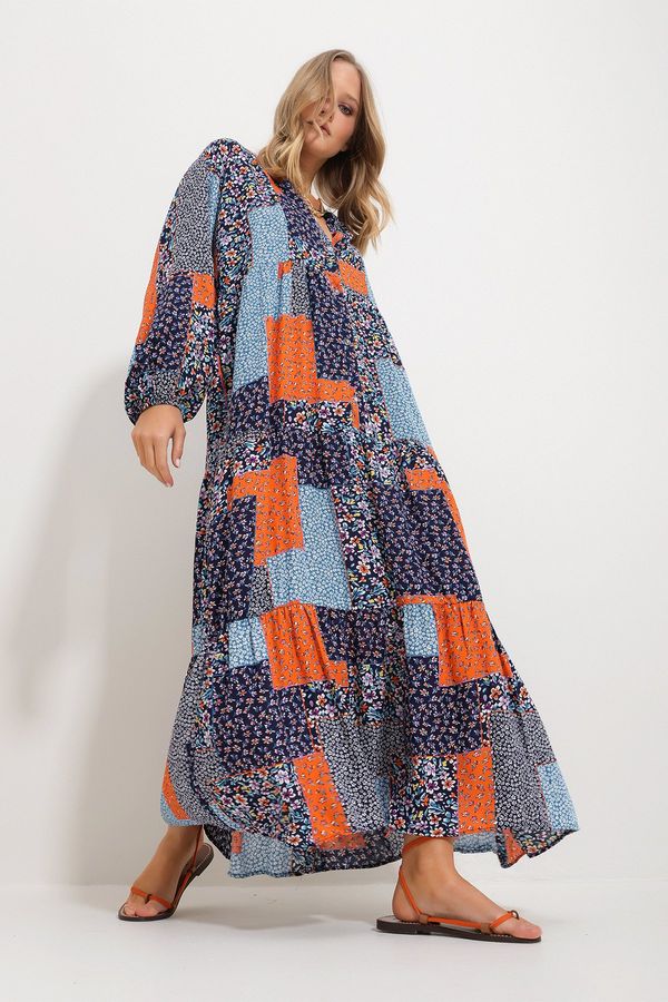 Trend Alaçatı Stili Trend Alaçatı Stili Women's Blue-Orange Grand Collar Shawl Patterned Maxi Length Dress