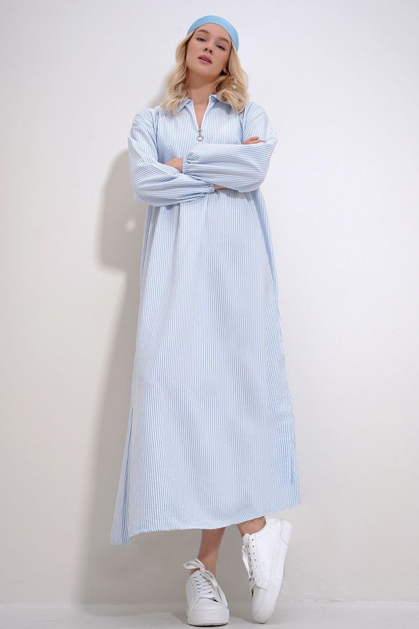 Trend Alaçatı Stili Trend Alaçatı Stili Women's Blue Shirt Collar Zippered Front Striped Woven Maxi Dress