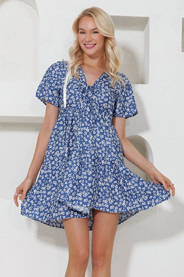 Trend Alaçatı Stili Trend Alaçatı Stili Women's Blue V-Neck Floral Patterned Skirt Flounce Woven Dress