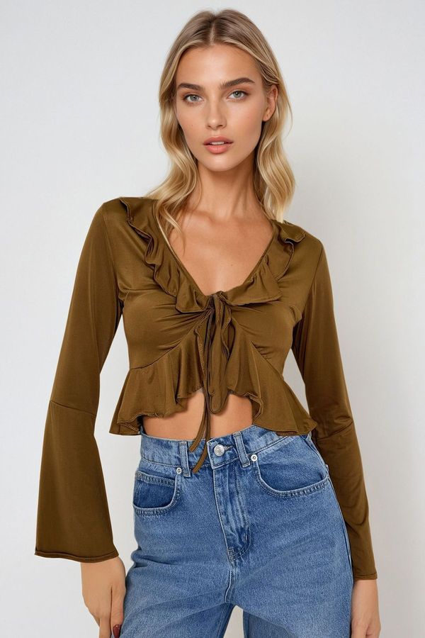 Trend Alaçatı Stili Trend Alaçatı Stili Women's Brown Front Tie Spanish Sleeve Ruffle Detailed Knitted Blouse