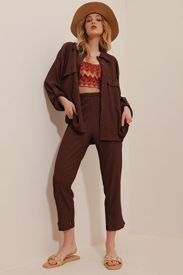 Trend Alaçatı Stili Trend Alaçatı Stili Women's Brown Polo Collar Double Seekers Set