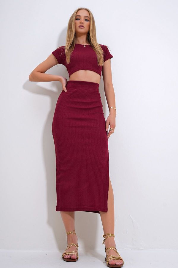 Trend Alaçatı Stili Trend Alaçatı Stili Women's Burgundy Crew Neck Crop Blouse and Slit Skirt Camisole Suit