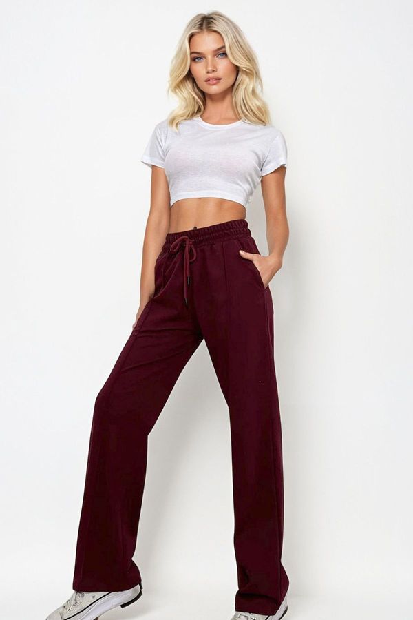 Trend Alaçatı Stili Trend Alaçatı Stili Women's Burgundy High Waist Front Turned Wide Leg Double Pocket Sweatpants