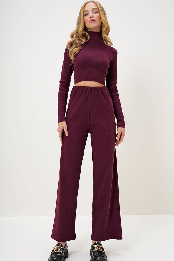 Trend Alaçatı Stili Trend Alaçatı Stili Women's Burgundy Stand Collar Camisole Crop Blouse and Trouser Set