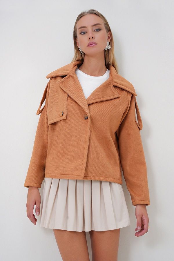 Trend Alaçatı Stili Trend Alaçatı Stili Women's Cinnamon Double Breasted Button Detail Unlined Jacket