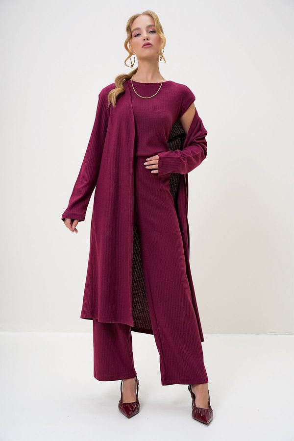 Trend Alaçatı Stili Trend Alaçatı Stili Women's Claret Red Shoulder Padded Crew Neck Blouse Trousers and Cardigan Set Suit