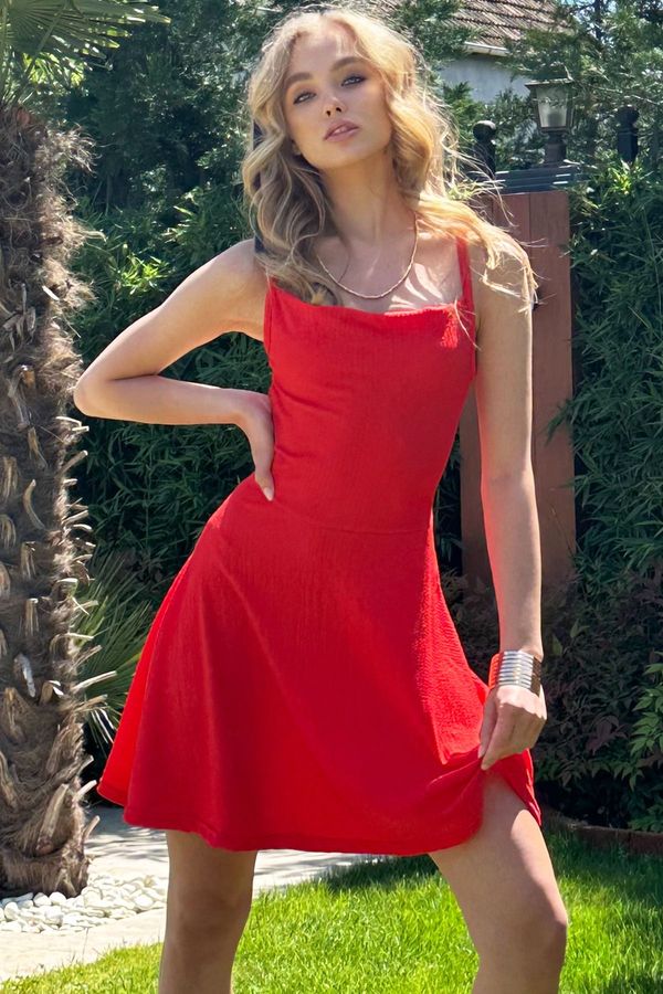 Trend Alaçatı Stili Trend Alaçatı Stili Women's Coral Thin Straps Flared Wrinkled Mini Dress