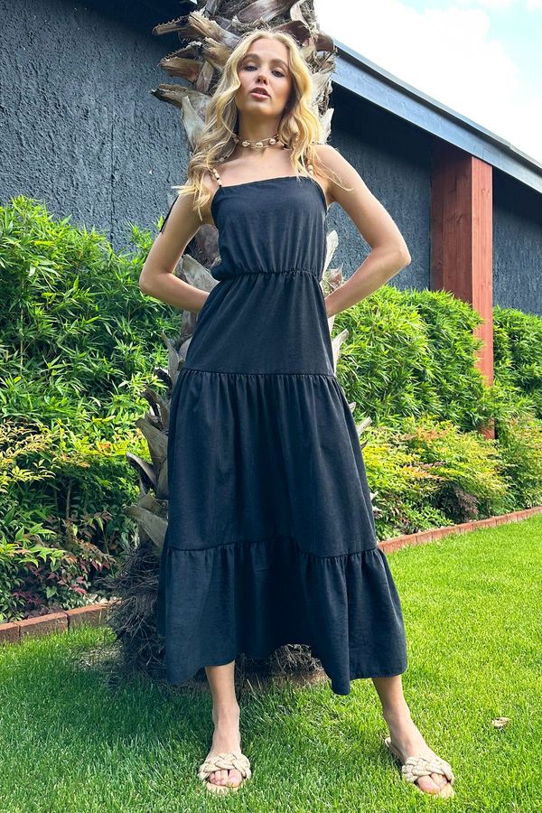 Trend Alaçatı Stili Trend Alaçatı Stili Women's Dark Anthracite Layered Flounce Strap Midilength Dress with Bead Accessories