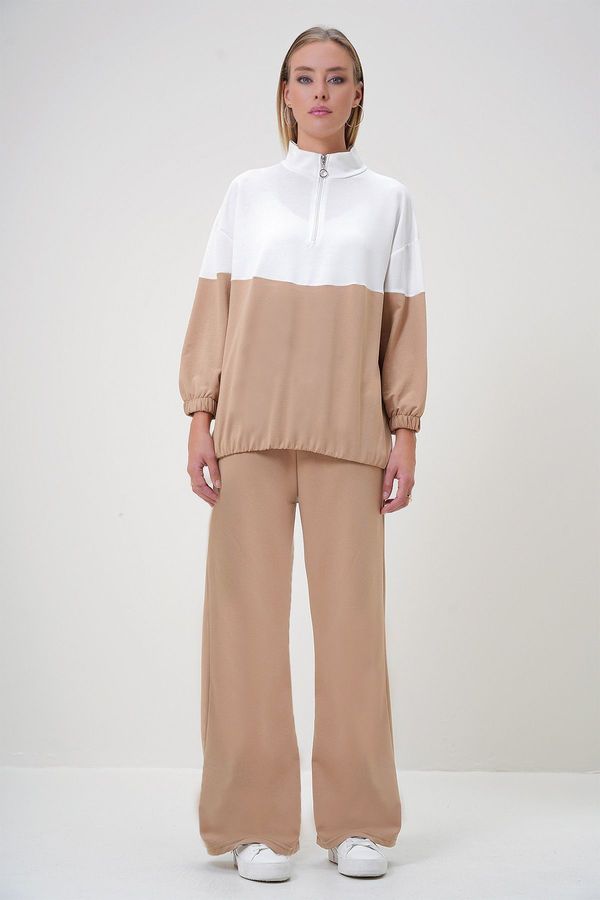 Trend Alaçatı Stili Trend Alaçatı Stili Women's Ecru-Beige Stand Collar Zippered Color Block Two Thread Top-Bottom Set