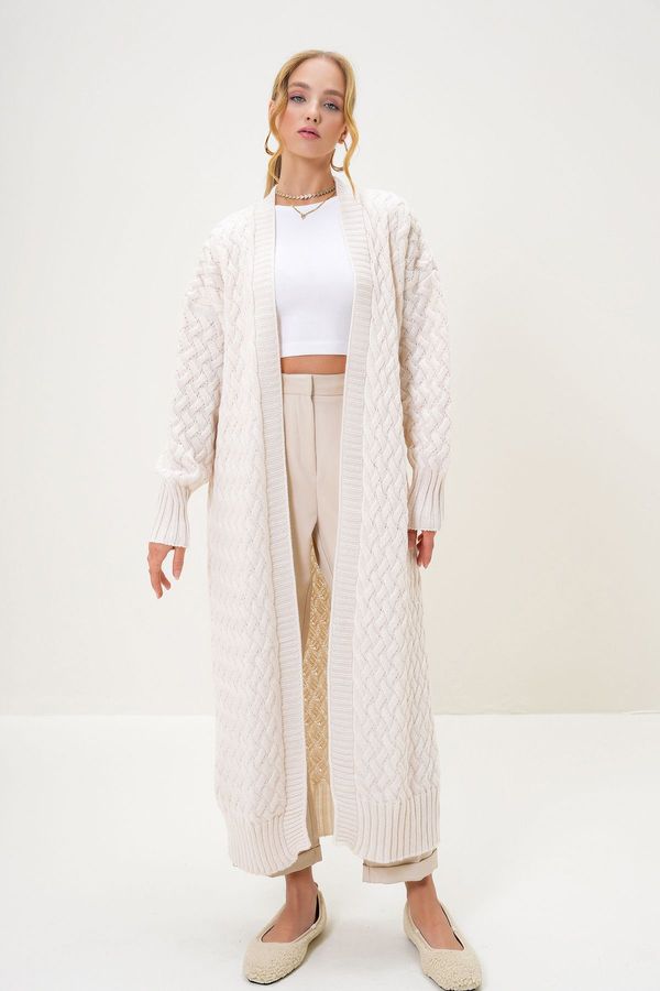 Trend Alaçatı Stili Trend Alaçatı Stili Women's Ecru V Neck Knitted Patterned Unclosed Maxi Length Knitwear Cardigan