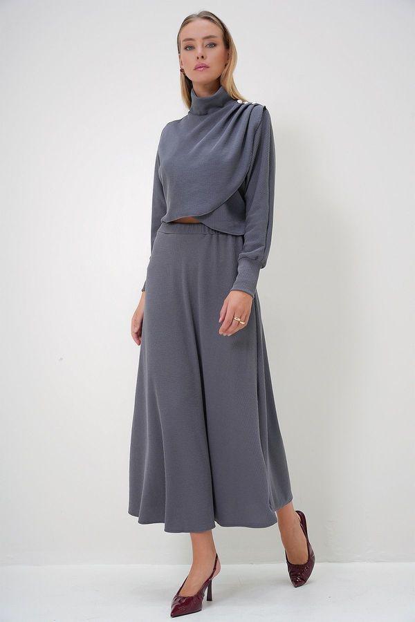 Trend Alaçatı Stili Trend Alaçatı Stili Women's Gray Half Turtleneck Asymmetric Cut Button Detailed Burgundy Fabric Skirt and Blouse Set