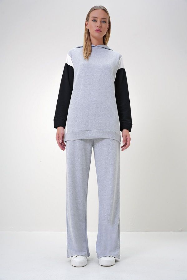 Trend Alaçatı Stili Trend Alaçatı Stili Women's Gray Hooded Color Block Two Yarn Top-Bottom Set
