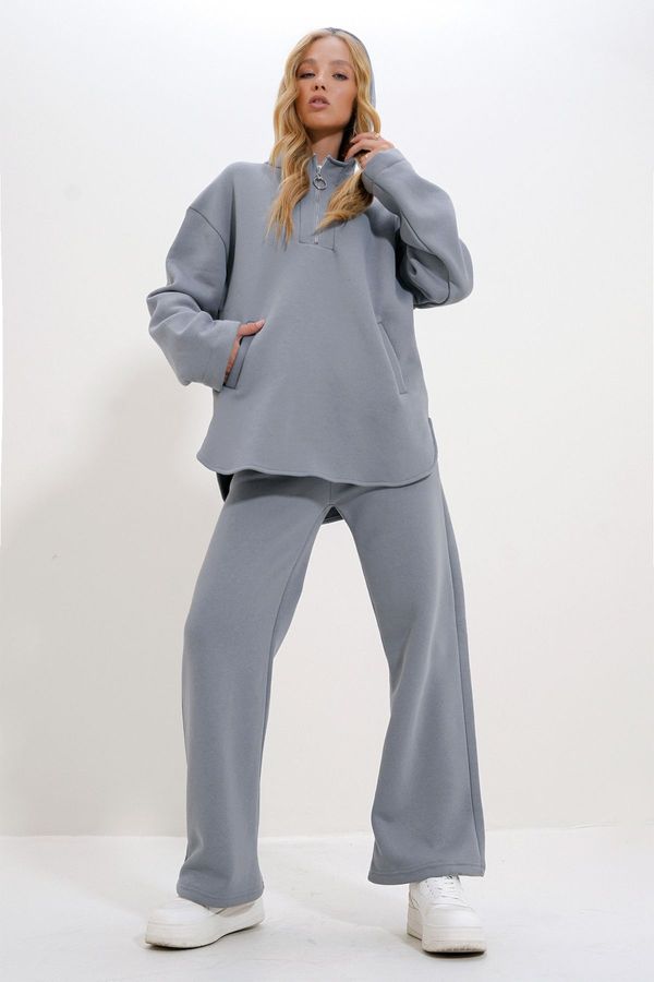 Trend Alaçatı Stili Trend Alaçatı Stili Women's Gray Hooded Zippered Double Pocket 3 Yarn Inside Raised Tracksuit