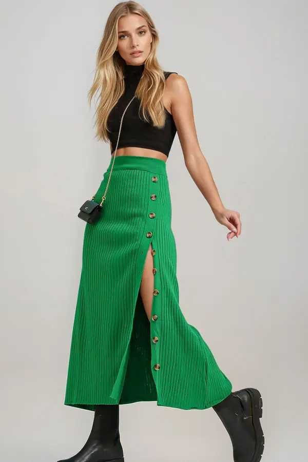 Trend Alaçatı Stili Trend Alaçatı Stili Women's Green Button Detailed Knitwear Skirt
