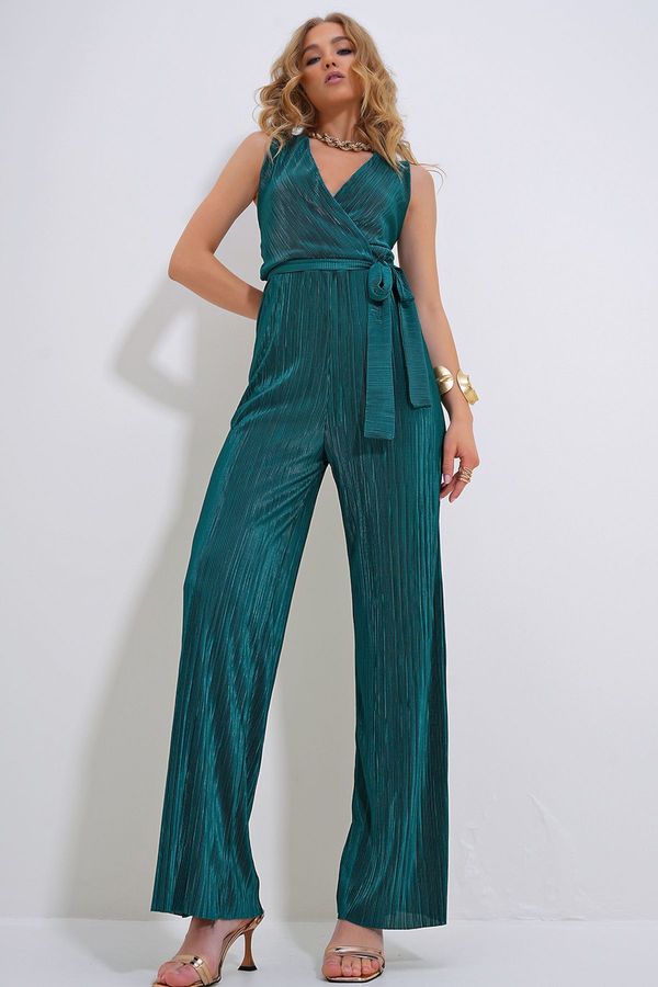 Trend Alaçatı Stili Trend Alaçatı Stili Women's Green Double-breasted Lapel Belted Chest Low-cut Pleated Jumpsuit
