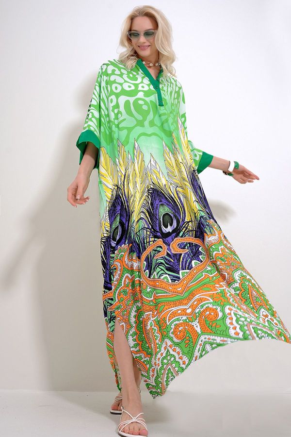 Trend Alaçatı Stili Trend Alaçatı Stili Women's Green Full Collar Bat Sleeve Patterned Maxi Length Woven Dress with Slits on the Sides