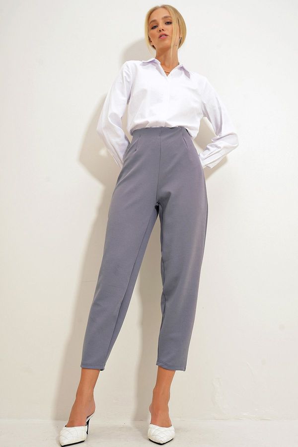 Trend Alaçatı Stili Trend Alaçatı Stili Women's Grey High Waist Darted Flowy Crepe Knitted Trousers