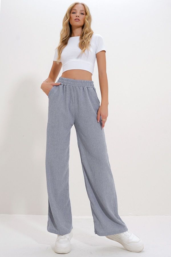 Trend Alaçatı Stili Trend Alaçatı Stili Women's Grey High Waist Elastic Wide Leg Trousers