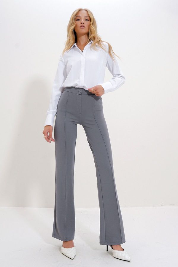Trend Alaçatı Stili Trend Alaçatı Stili Women's Grey High Waist Front Grass Wide Leg Lycra Trousers