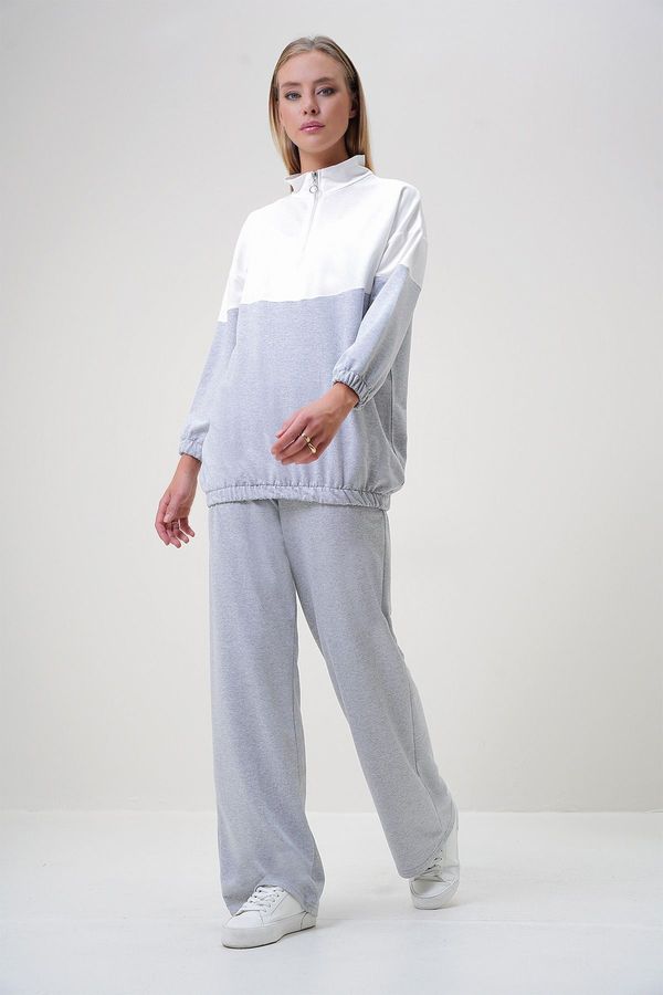 Trend Alaçatı Stili Trend Alaçatı Stili Women's Grey Melamine Stand Collar Zippered Color Block Two Thread Top-Bottom Set
