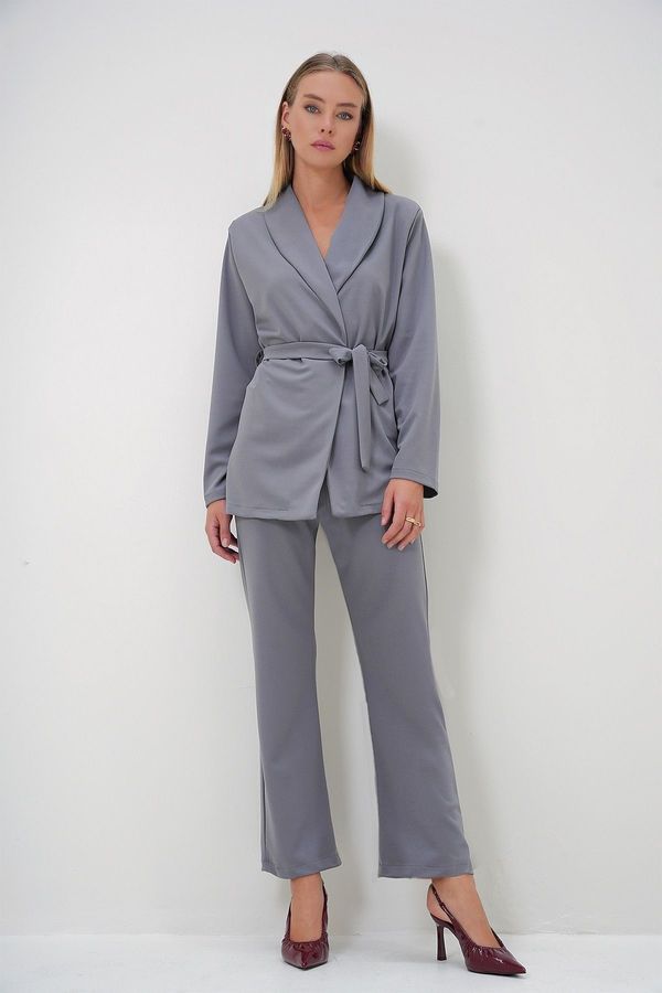 Trend Alaçatı Stili Trend Alaçatı Stili Women's Grey Shawl Collar Self-Belted Jacket and Palazzo Trousers Set