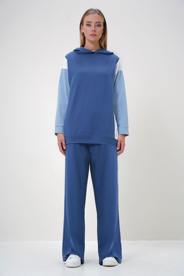 Trend Alaçatı Stili Trend Alaçatı Stili Women's Indigo Hooded Color Block Two Yarn Top-Bottom Set