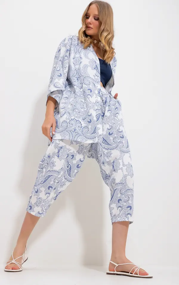 Trend Alaçatı Stili Trend Alaçatı Stili Women's Indigo Patterned Kimono With Jacket And Trousers Linen Woven Bottom Top Set