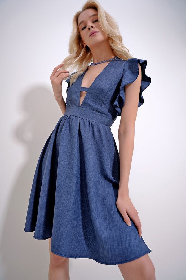 Trend Alaçatı Stili Trend Alaçatı Stili Women's Indigo V-Neck Flounce Sleeves Back Zippered Aerobin Linen Woven Dress