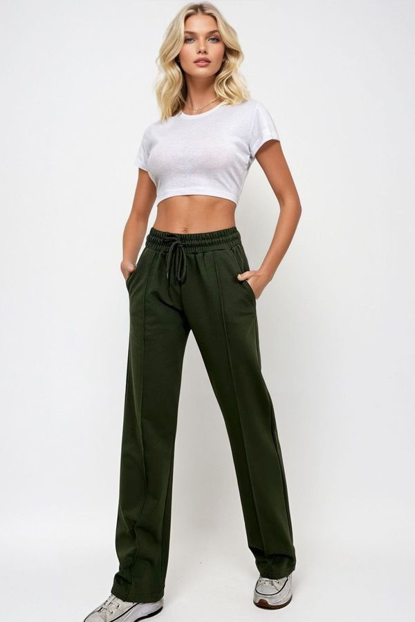 Trend Alaçatı Stili Trend Alaçatı Stili Women's Khaki High Waist Front Grass Wide Leg Double Pocket Tracksuit Bottoms