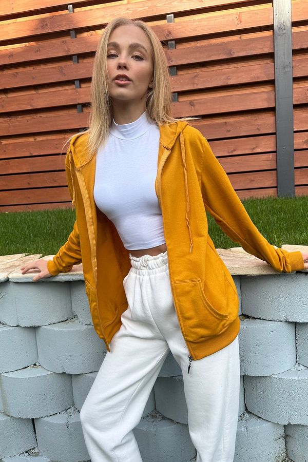 Trend Alaçatı Stili Trend Alaçatı Stili Women's Mustard Yellow Hooded Double Pocket Zipper Oversize Sweatshirt